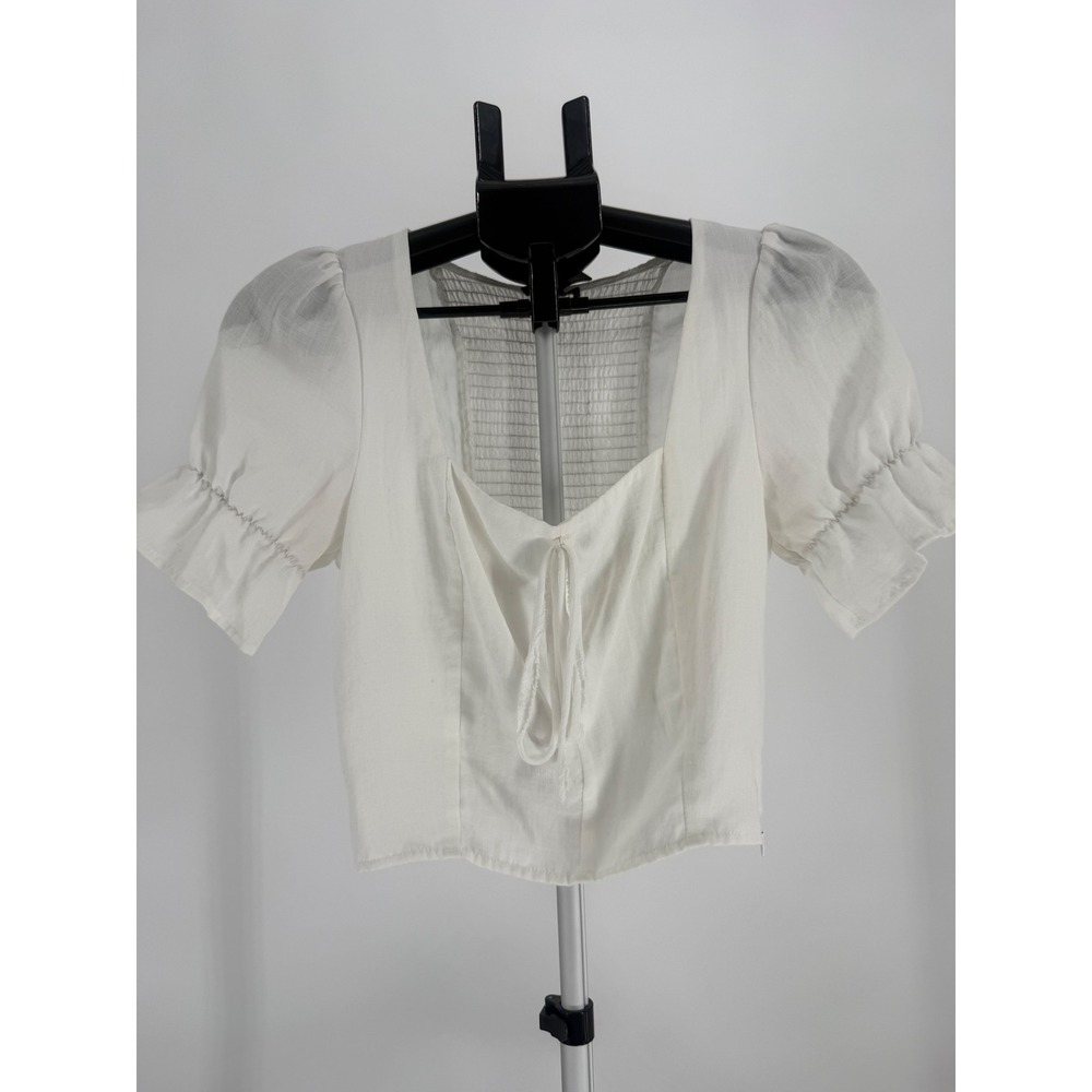 Aqua White Puff Sleeve Crop Top XS Cottagecore Peasant Tie Front‎ Blouse Fitted